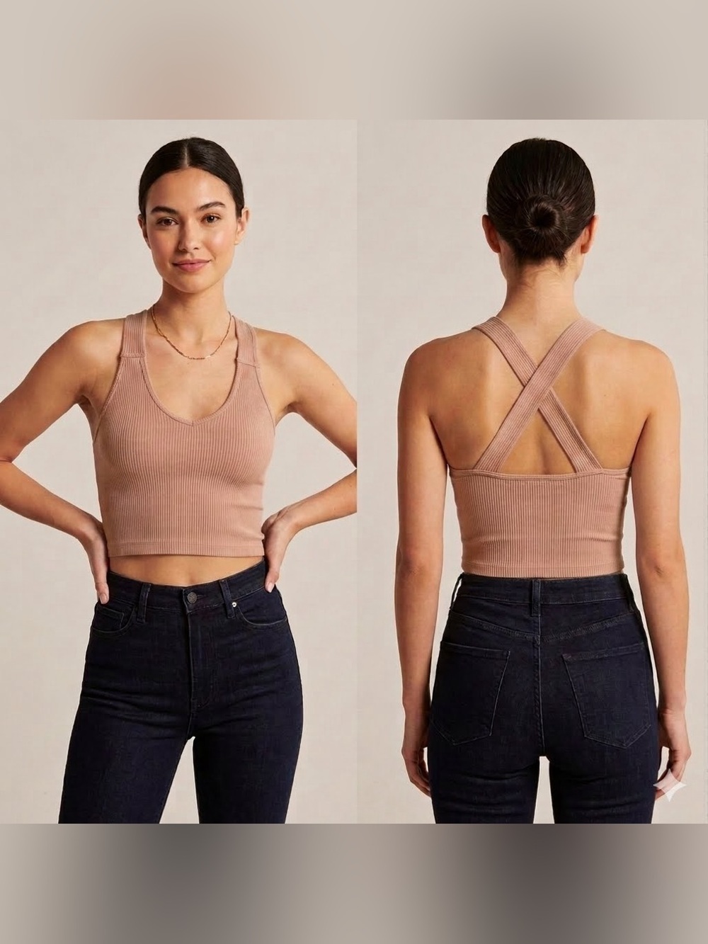 New In Mocha Cross-Back Stretch Cropped Tank Top Size M NWT Made In Korea
